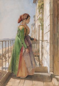 Una ragazza greca in piedi su un balcone